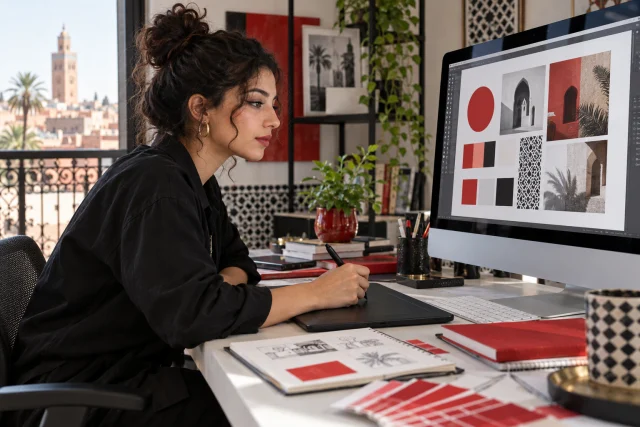Illustration d’une designer utilisant une tablette graphique