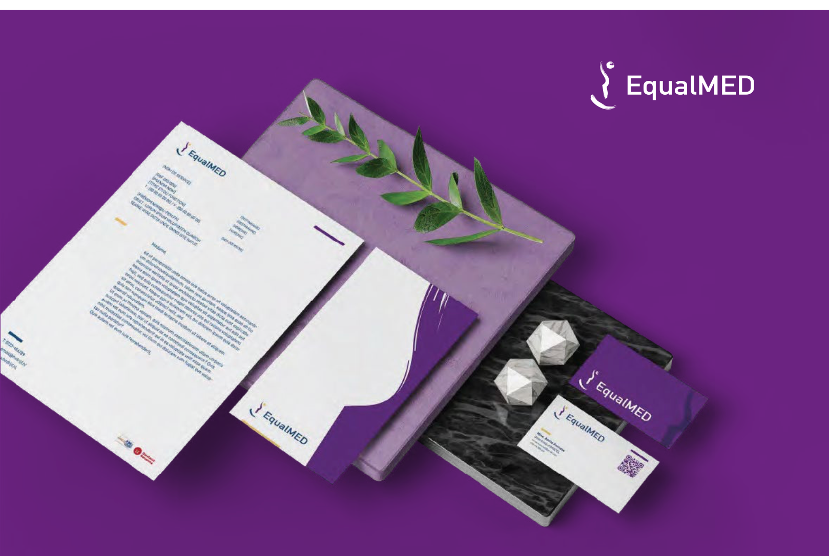 EqualMED — identité visuelle institutionnelle sur papeterie