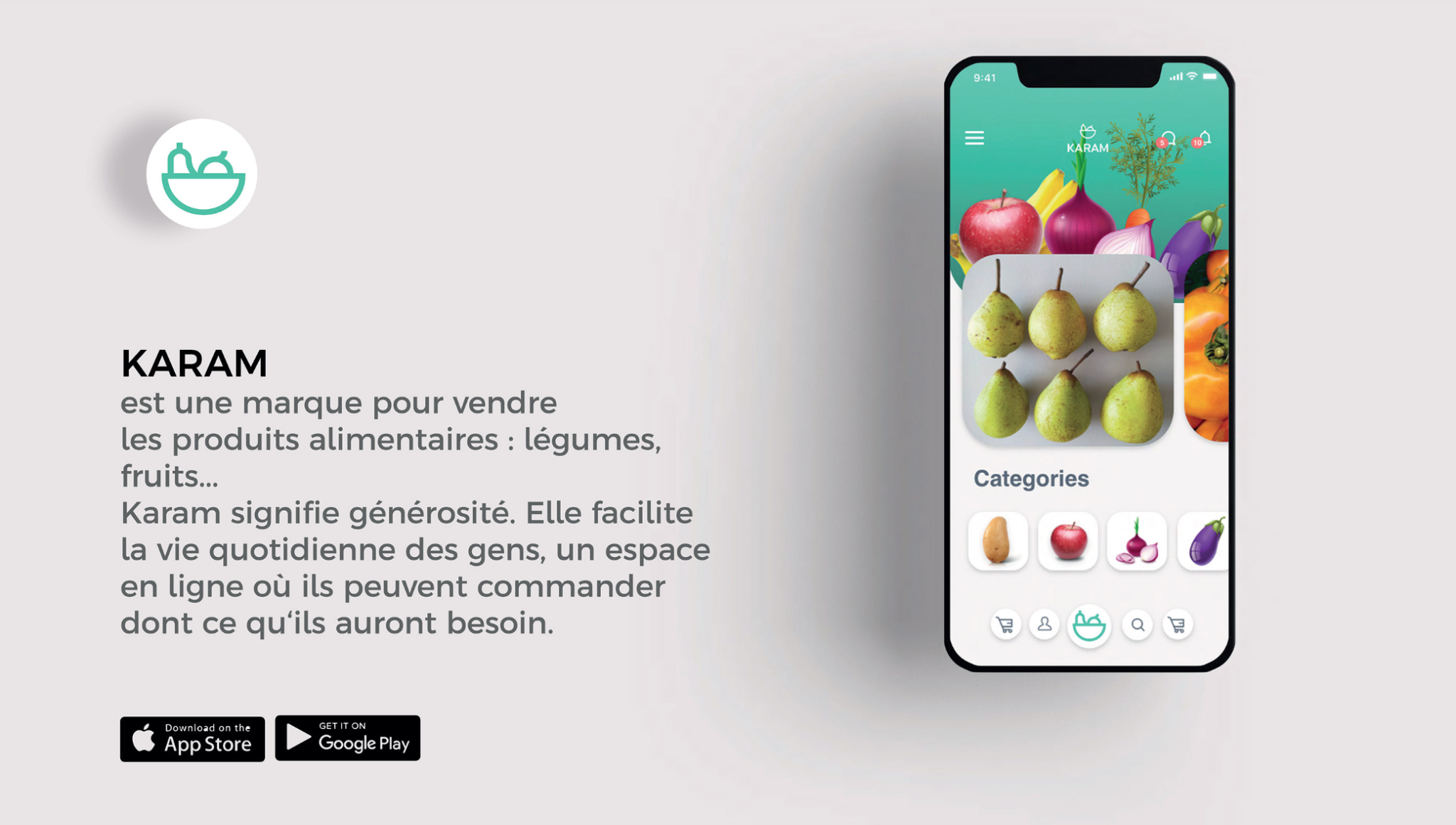 Karam — présentation de l’application avec aperçu des catégories et de l’interface